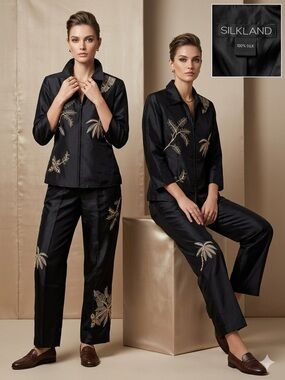 Silkland 100 Silk Set Outfit Zipper Top Lightweight Palms Tropical embroidered S